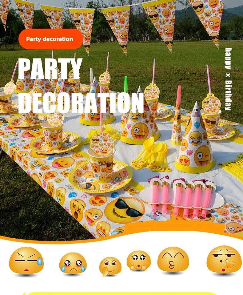 136-teiliges Emoji-Partygeschirr-Set mit lächelnden Gesichtern, Pappbecher und -teller, Einweggeschirr für Geburtstage, Feste und Feiern, Partydekoration