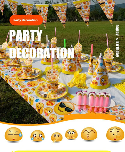 136-teiliges Emoji-Partygeschirr-Set mit lächelnden Gesichtern, Pappbecher und -teller, Einweggeschirr für Geburtstage, Feste und Feiern, Partydekoration