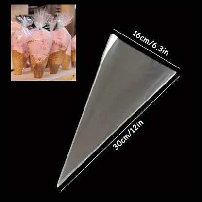 50 Stück Transparente Kegel-Süßigkeitentüten 🍬 – Durchsichtige Tüten für Popcorn, Candy Bar, Babyparty & Hochzeit