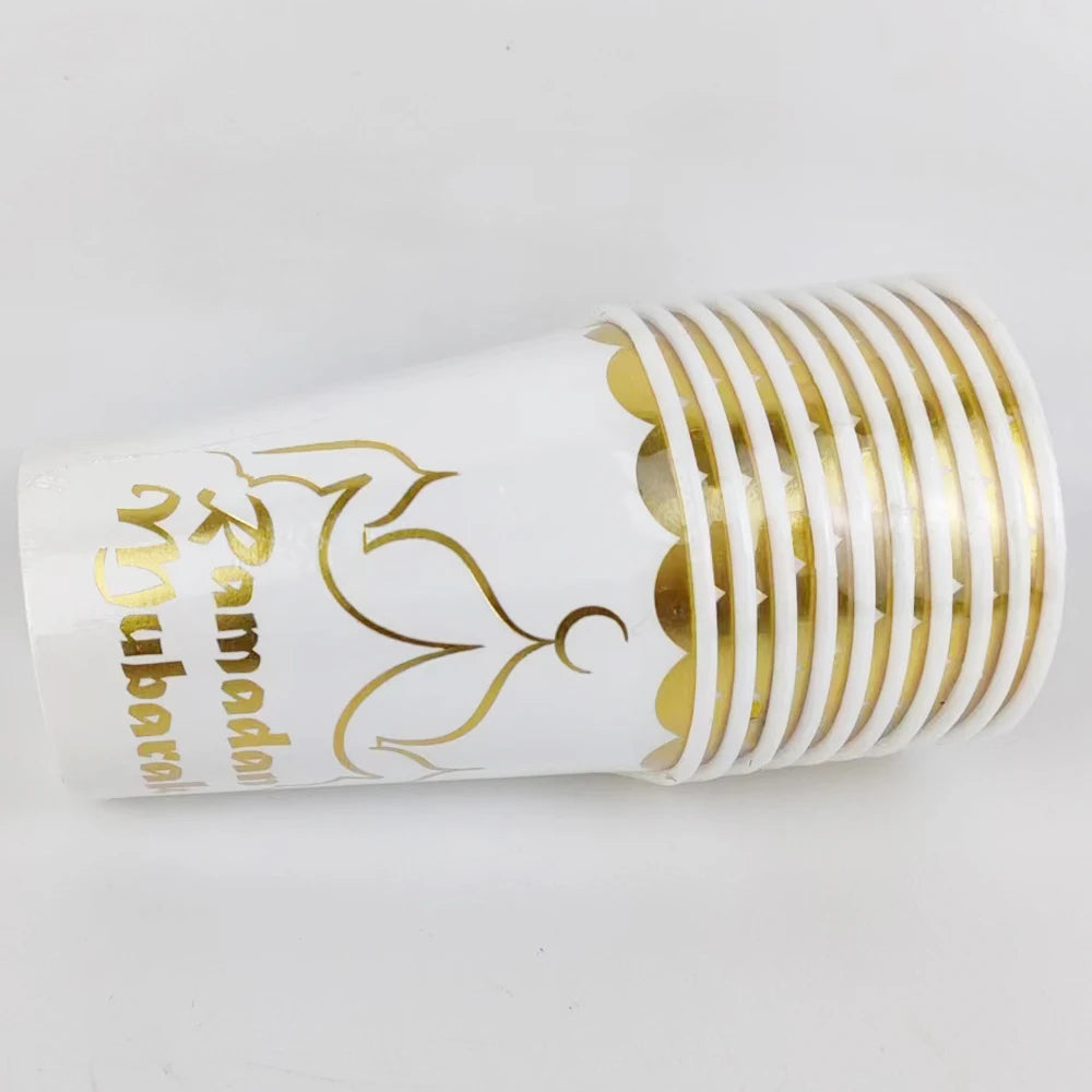 20 Stück/Packung Ramadan Mubarak 7-Zoll-Pappteller und 250-ml-Pappbecher für die Dekoration der Eid-Feier