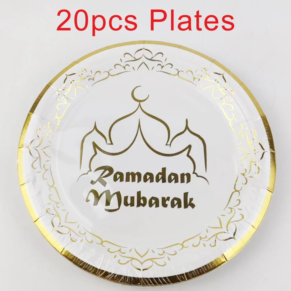 20 Stück/Packung Ramadan Mubarak 7-Zoll-Pappteller und 250-ml-Pappbecher für die Dekoration der Eid-Feier