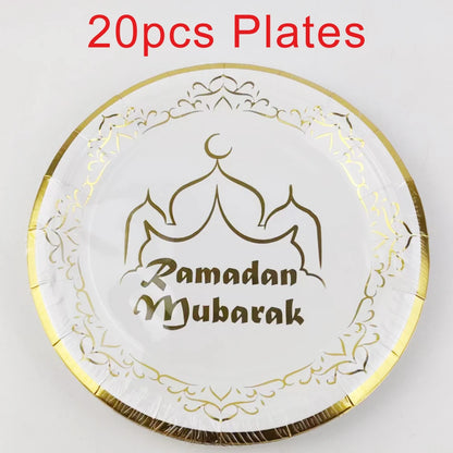 20 Stück/Packung Ramadan Mubarak 7-Zoll-Pappteller und 250-ml-Pappbecher für die Dekoration der Eid-Feier
