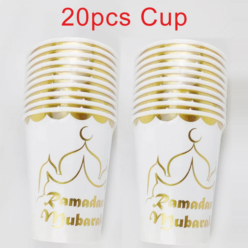 20 Stück/Packung Ramadan Mubarak 7-Zoll-Pappteller und 250-ml-Pappbecher für die Dekoration der Eid-Feier
