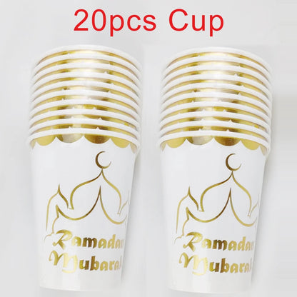 20 Stück/Packung Ramadan Mubarak 7-Zoll-Pappteller und 250-ml-Pappbecher für die Dekoration der Eid-Feier