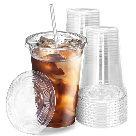 50 Stück/Set 12/16-Unzen-Plastikbecher mit Deckel, Einwegbecher für Eiskaffee, Smoothies, Milchshakes, Kaltgetränke, Geburtstagsparty-Zubehör