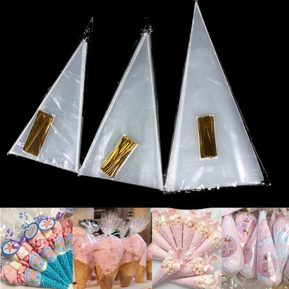 50 Stück Transparente Kegel-Süßigkeitentüten 🍬 – Durchsichtige Tüten für Popcorn, Candy Bar, Babyparty & Hochzeit